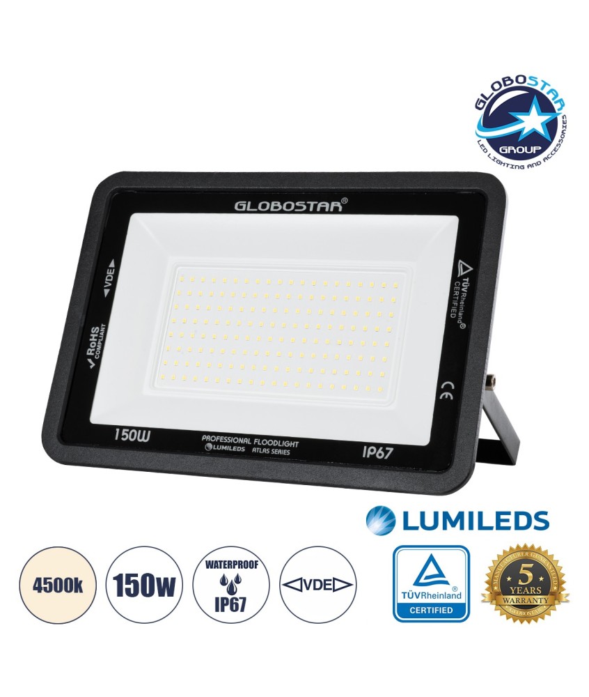 GLOBOSTAR® ATLAS 61429 Προβολέας LED 150W 18000lm 120° AC 220-240V Αδιάβροχο IP67 Φυσικό Λευκό Ματ 4500K - Lumileds SMD Chip - TÜV Rheinland Certified - Μαύρο Ματ - Μ32 x Π4 x Υ23cm - 5 Χρόνια Εγγύηση